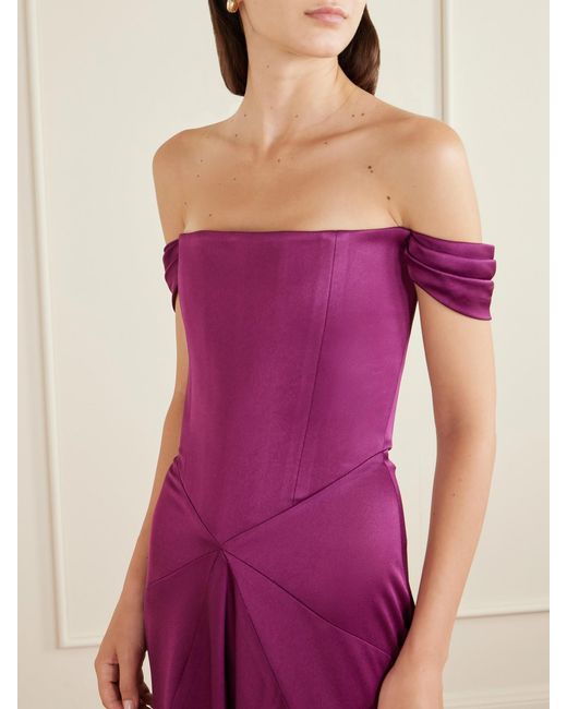 Alex Perry Purple Satin Off-The-Shoulder Gown