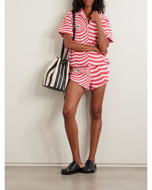 The Elder Statesman Pink Embroidered Striped Cotton-Terry Shirt