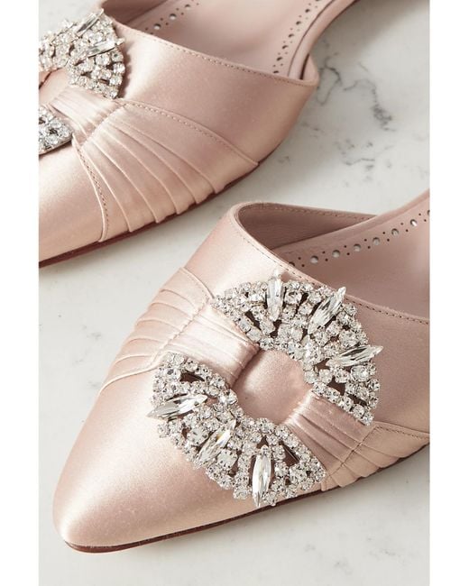 Manolo Blahnik Natural Luanda Crystal-Embellished Satin Point-Toe Flats