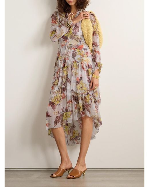 Zimmermann White Net Sustain Matchmaker Asymmetric Floral-Print Chiffon Midi Dress