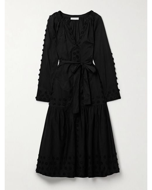 Ulla Johnson Black Emera Belted Appliquéd Cotton-Voile Midi Dress