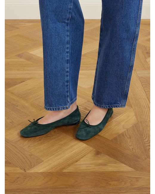 Aeyde Green Tiby Bow-Detail Suede Ballet Flats