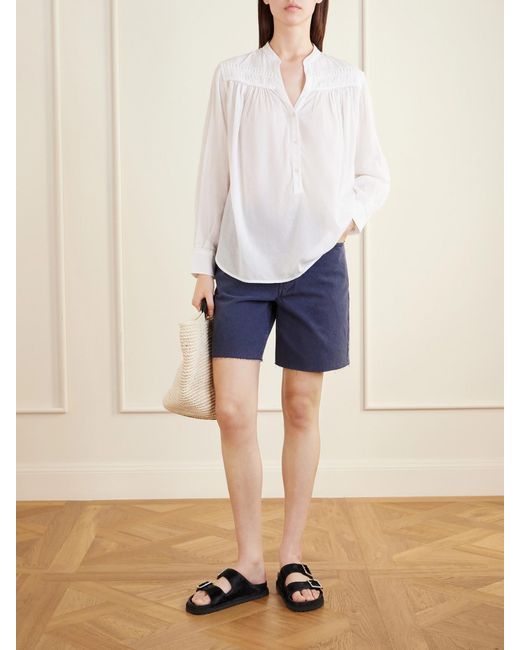 Nili Lotan White Clarys Embroidered Gathered Cotton-Voile Blouse