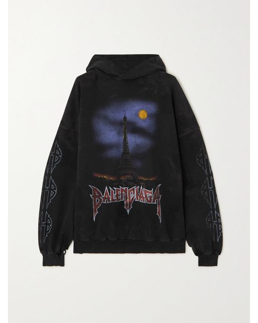 Balenciaga Black Oversized Distressed Printed Cotton-Jersey Hoodie