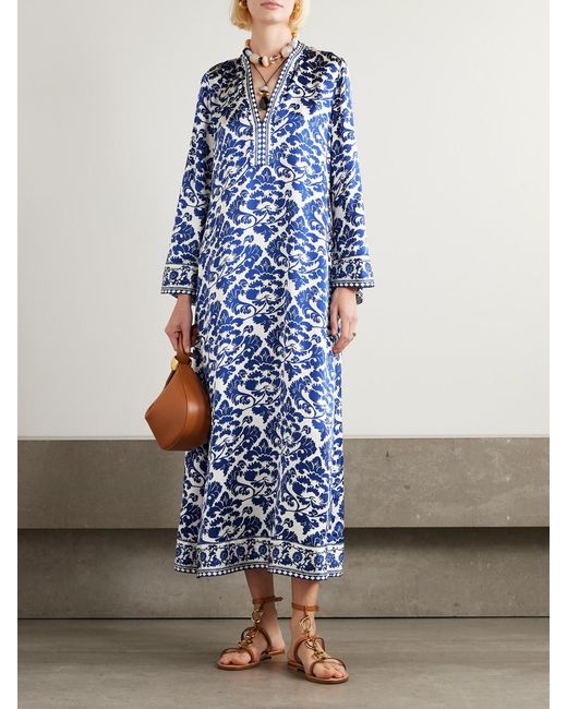 Emporio Sirenuse Blue Jenna Printed Silk-Voile Kaftan