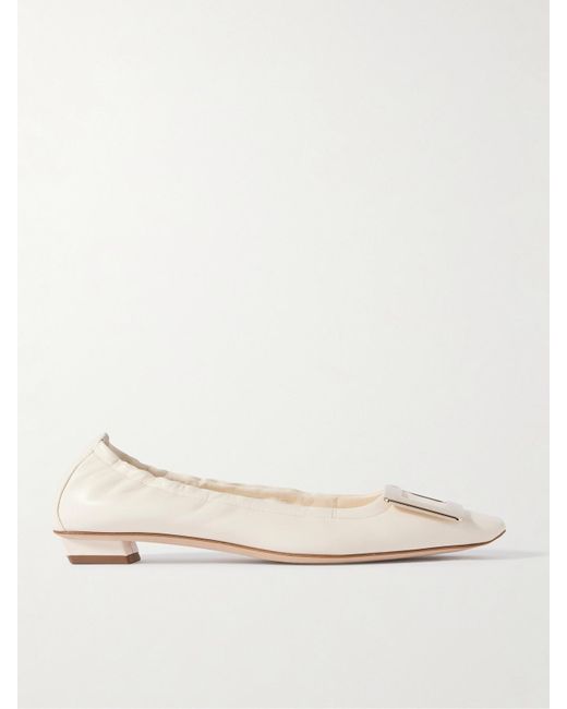 Roger Vivier Natural Belle Vivier Embellished Patent-Leather Ballet Flats