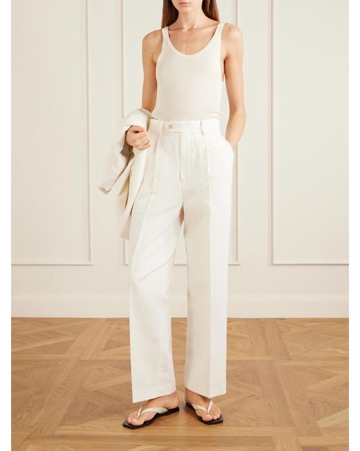 Auralee White Pleated Wool, Cotton And Linen-Blend Oxford Wide-Leg Pants