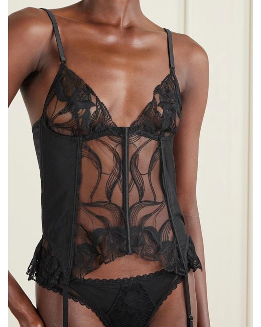 Kiki de Montparnasse Black Merry Widow Embroidered Tulle-Paneled Stretch-Silk Corset