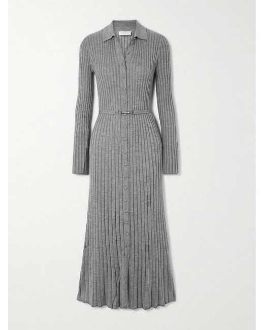 Gabriela Hearst Gray Tenes Belted Ribbed Silk And Cashmere-Blend Midi Dress