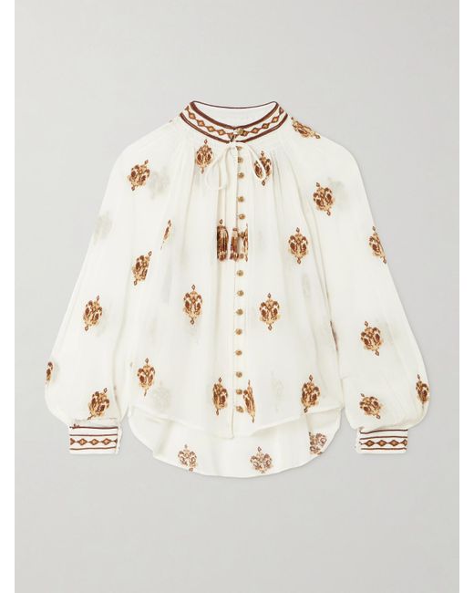 Farm Rio Natural Anchor Tapestry Gathered Embroidered Georgette Blouse