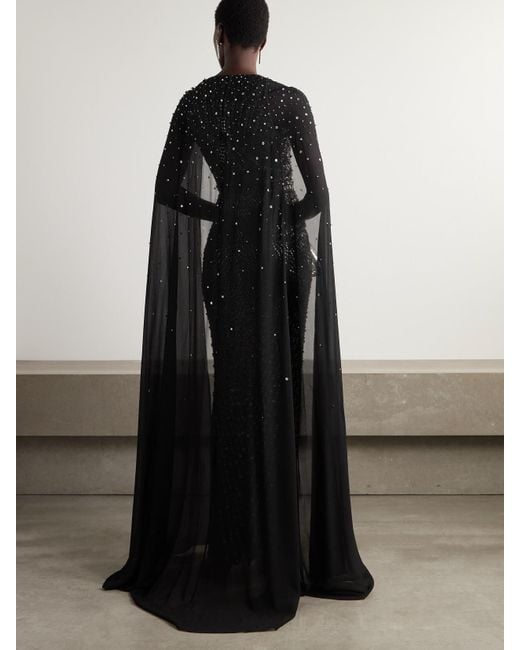 Jenny Packham Black Zenith Cape-Effect Embellished Chiffon Gown