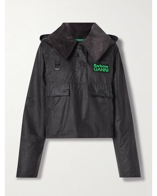 Barbour Black Ganni Corduroy-Trimmed Checked Waxed-Organic Cotton Jacket