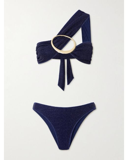 Oseree Blue Lumière Maxi O One-Shoulder Embellished Metallic Bikini