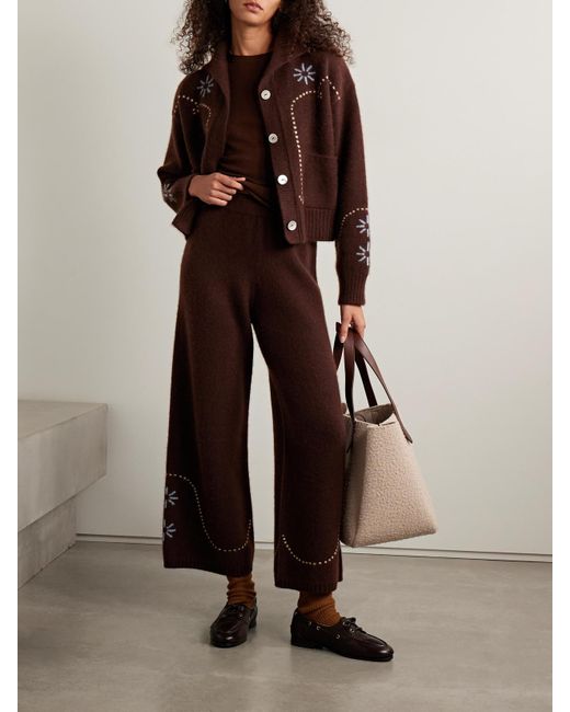Calle Del Mar Brown Intarsia-Knit Cashmere Wide-Leg Pants