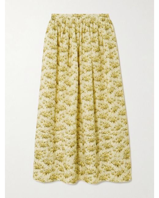 Doen Yellow Marcie Tiered Pleated Floral-Print Organic Cotton-Voile Midi Skirt