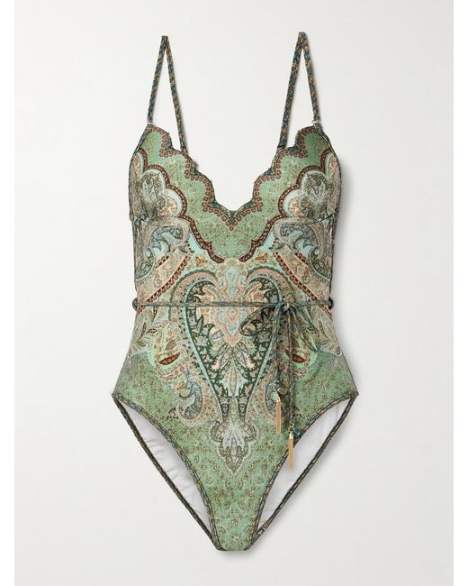 Zimmermann Green Wanderlust Belted Embellished Scalloped Printed Swimsuit