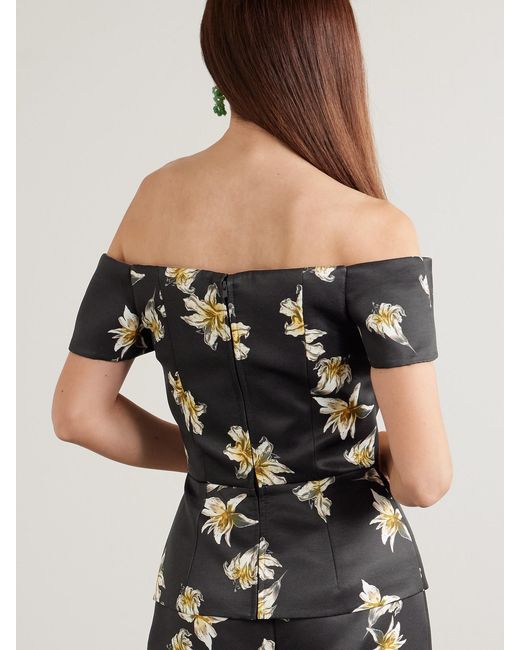 Emilia Wickstead Black Souline Off-The-Shoulder Floral-Print Faille Bustier Top