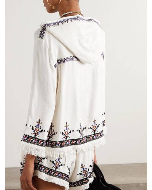 Isabel Marant Natural Kameya Hooded Frayed Embroidered Woven Blouse