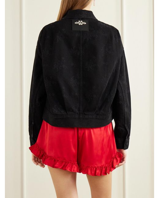 Simone Rocha Black Crystal-Embellished Floral-Print Denim Jacket