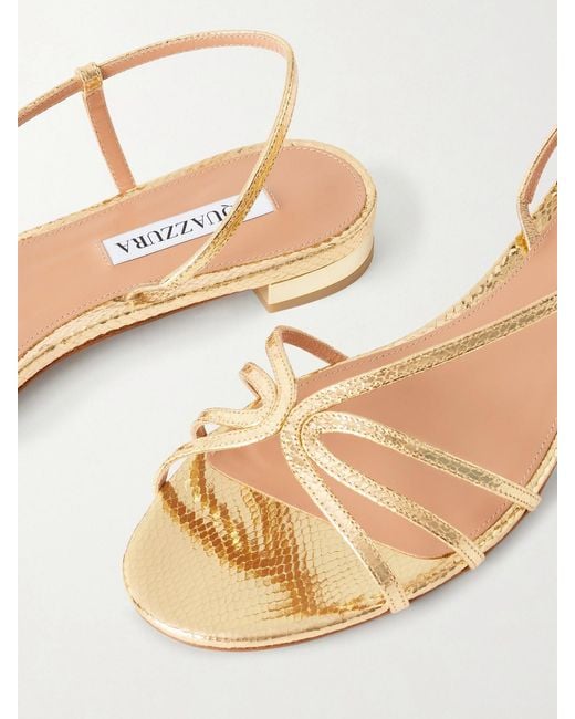 Aquazzura Natural Talk To Me Snake-Effect Metallic Leather Slingback Sandals