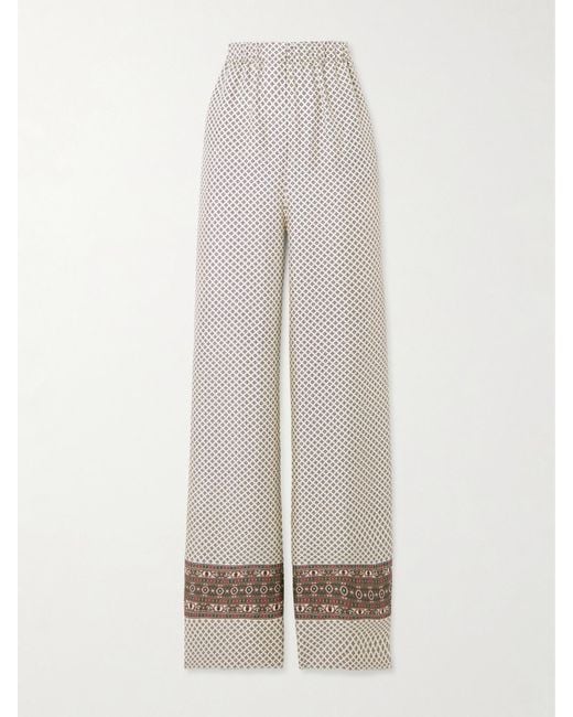 Loro Piana White Valerio Printed Silk-Twill Wide-Leg Pants