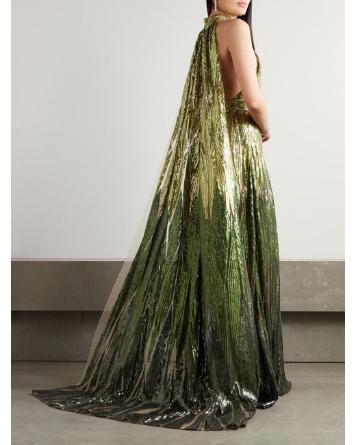 Elie Saab Green Cape-Effect Embroidered Sequined Tulle Halterneck Gown