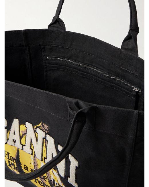 Ganni Black Printed Cotton-Canvas Tote