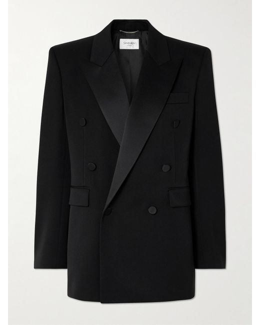 Saint Laurent Black Double-Breasted Satin-Trimmed Wool Blazer