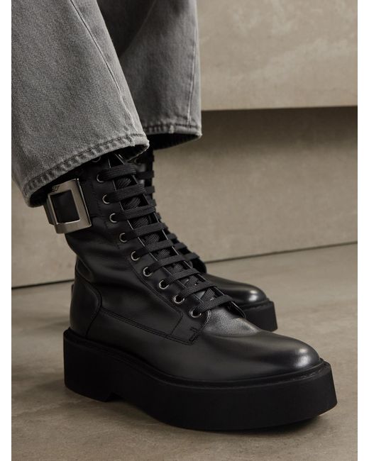 Roger Vivier Black Buckle-Embellished Leather Ankle Boots