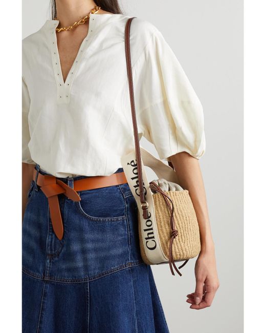 Chloé Natural Woody Small Leather-Trimmed Raffia Basket Bag
