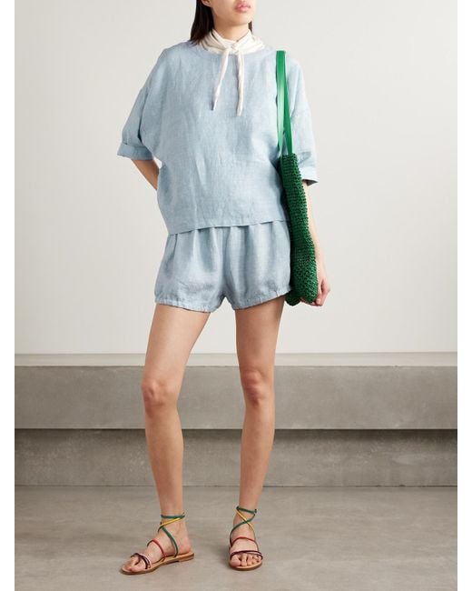 Suzie Kondi Blue Hera Bloomers Linen-Chambray Shorts