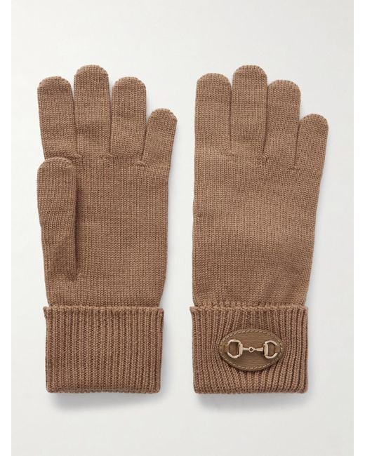 Gucci Brown Horsebit-Detailed Leather-Trimmed Wool Gloves