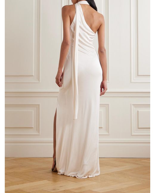 Tom Ford White One-Shoulder Paneled Ruched Satin-Jersey Halterneck Gown