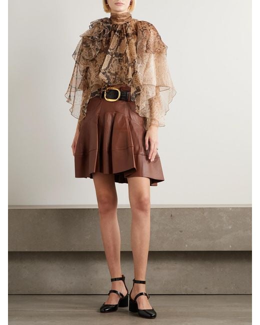 Zimmermann Natural Ruffled Layered Snake-Print Silk-Chiffon Blouse