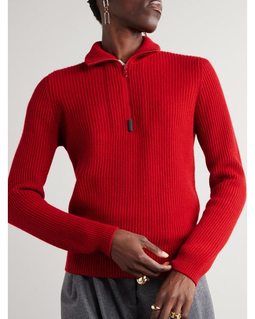 Brunello Cucinelli Red Bead-Embellished Turtleneck Ribbed Cashmere Polo Sweater