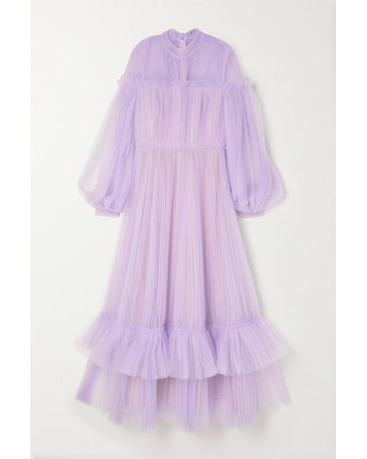 Huishan Zhang Purple Alicia Tie-detailed Tiered Tulle Gown