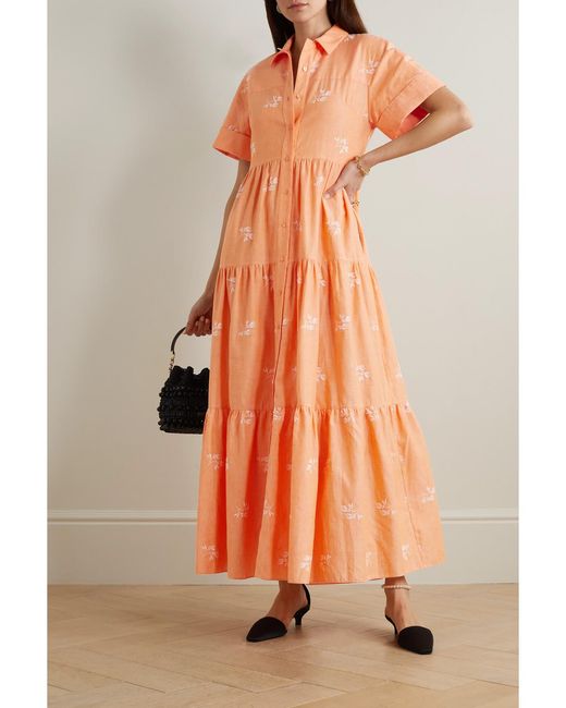 Erdem Orange Helena Oversized Tiered Embroidered Cotton-Blend Gauze Maxi Shirt Dress