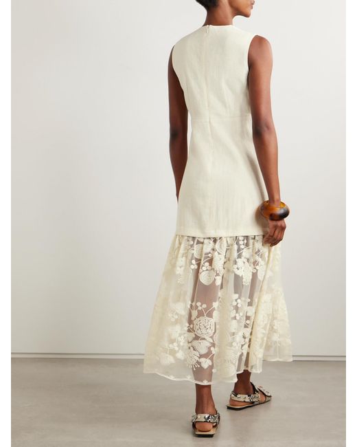 Sea Natural Arielle Linen And Cotton-Blend And Embroidered Tulle Midi Dress