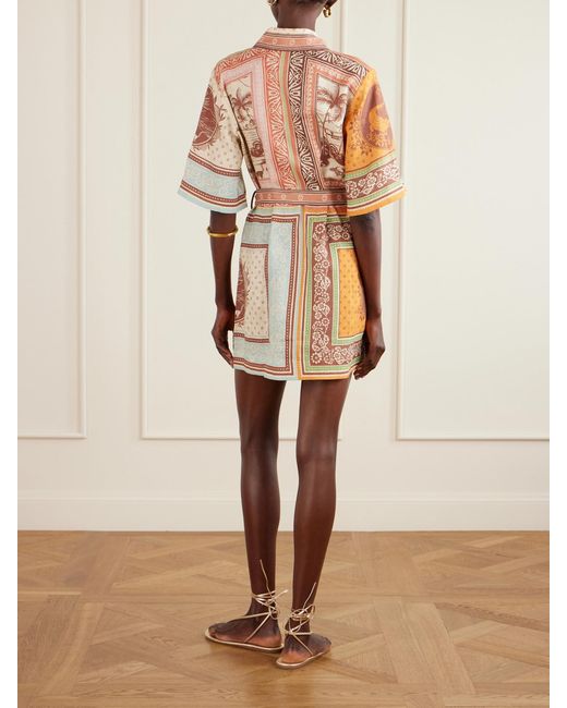 ALÉMAIS White Alberta Belted Printed Linen Mini Shirt Dress