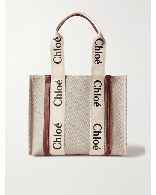 Chloé Natural Woody Medium Leather And Webbing-Trimmed Linen Tote