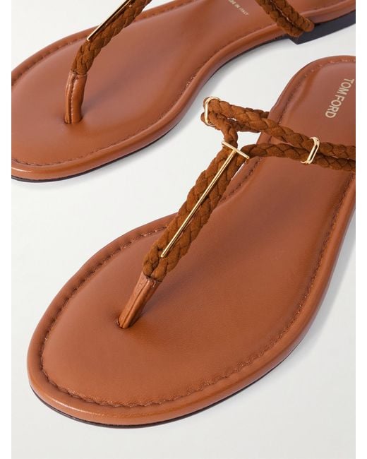 Tom Ford Brown Lily Leather-Trimmed Embellished Braided Suede Sandals