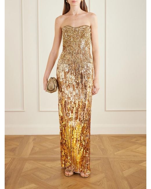 Jenny Packham Metallic Cesonia Strapless Sequined Chiffon Gown