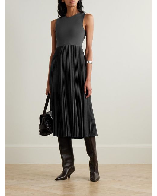 Theory Black Pleated Stretch-Knit And Satin-Crepe Midi Dress