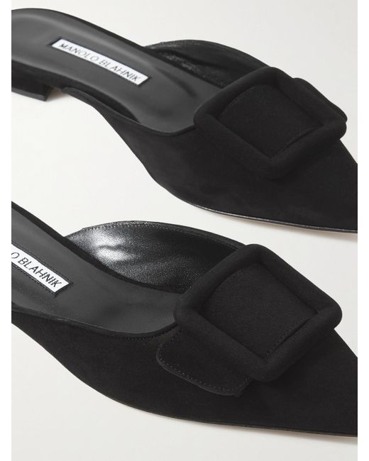 Manolo Blahnik White Maysale Buckled Suede Point-Toe Flats