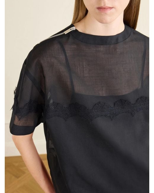 Sacai Black Lace-Trimmed Organza T-Shirt