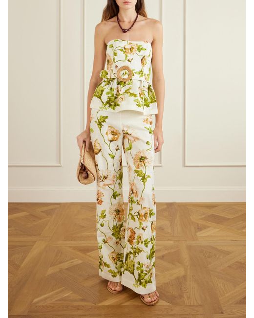 Cara Cara Metallic Tilda Strapless Belted Peplum Floral-Print Linen Top