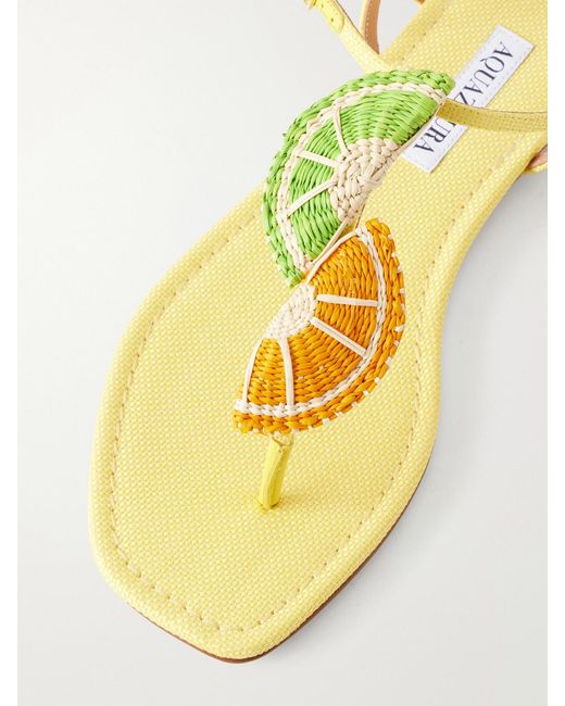 Aquazzura Metallic Embellished Raffia-Effect Thong Sandals