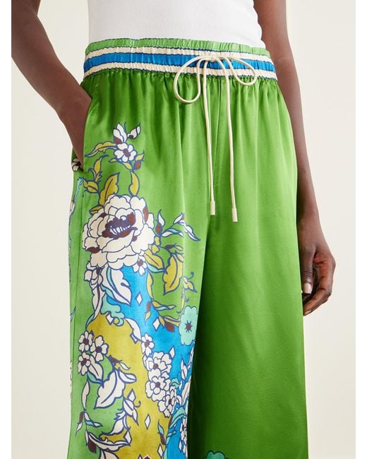 ALÉMAIS Green Nanci Floral-Print Silk-Satn Wide-Leg Pants