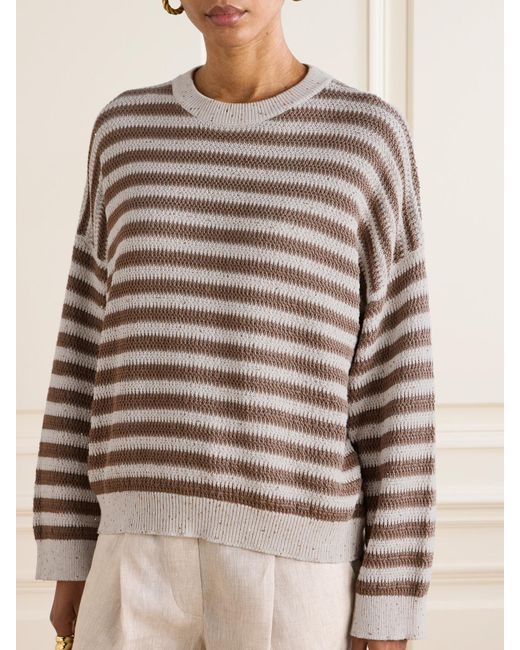 Brunello Cucinelli Gray Pullover Aus Einer Gestreiften Baumwollmischung Mit Pailletten