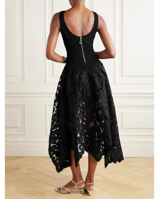 Aje. Black Atlas Asymmetric Ribbed-Knit And Guipure Lace Midi Dress